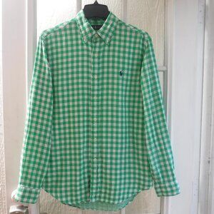 Ralph Lauren Blue Pony Logo on Green/White Check Button Down Long Sleeve Shirt